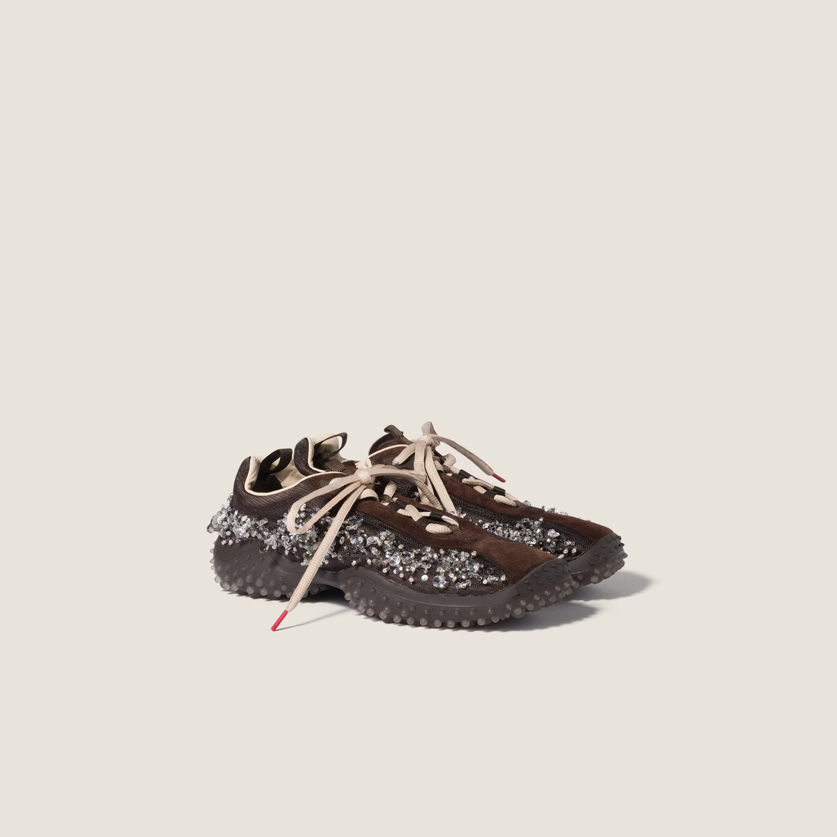 Bubble embroidered technical fabric and suede sneakers