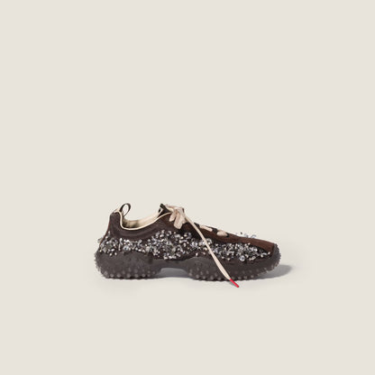 Bubble embroidered technical fabric and suede sneakers