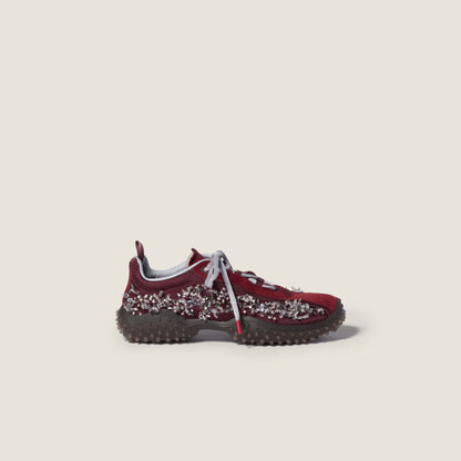 Bubble embroidered technical fabric and suede sneakers