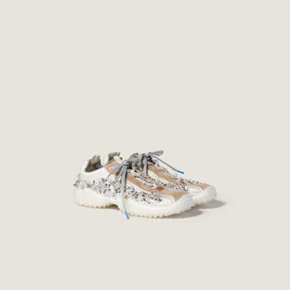 Bubble embroidered technical fabric and suede sneakers